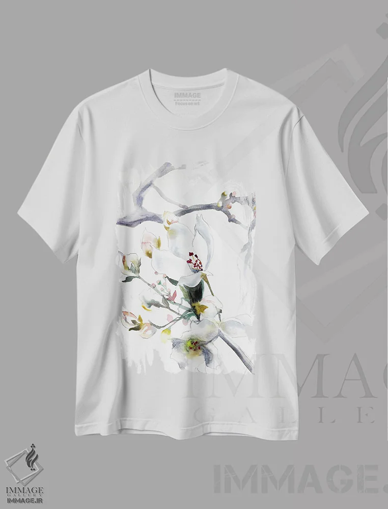 تیشرت سفید طرح دار شکوفهٔ گیلاس شمارهٔ ۹، هنر فاخر معاصر اثر الیزابت بکر | فروشگاه ایماژ