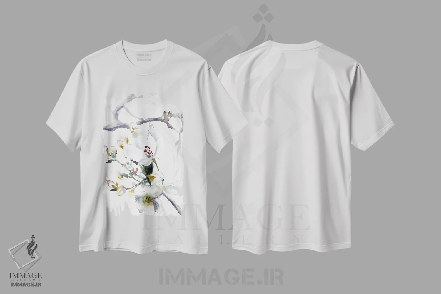 تیشرت سفید طرح دار شکوفهٔ گیلاس شمارهٔ ۹، هنر فاخر معاصر اثر الیزابت بکر | فروشگاه ایماژ