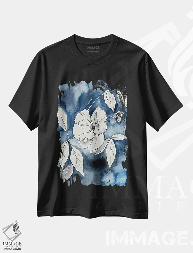 تیشرت مشکی طرح دار رز وحشی شمارهٔ ۱۵، هنر فاخر معاصر اثر الیزابت بکر | فروشگاه ایماژ