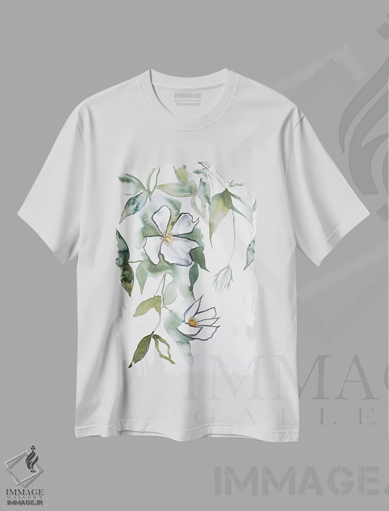 تیشرت سفید طرح دار شکوفهٔ گیلاس شمارهٔ ۱۳، هنر فاخر معاصر اثر الیزابت بکر | فروشگاه ایماژ