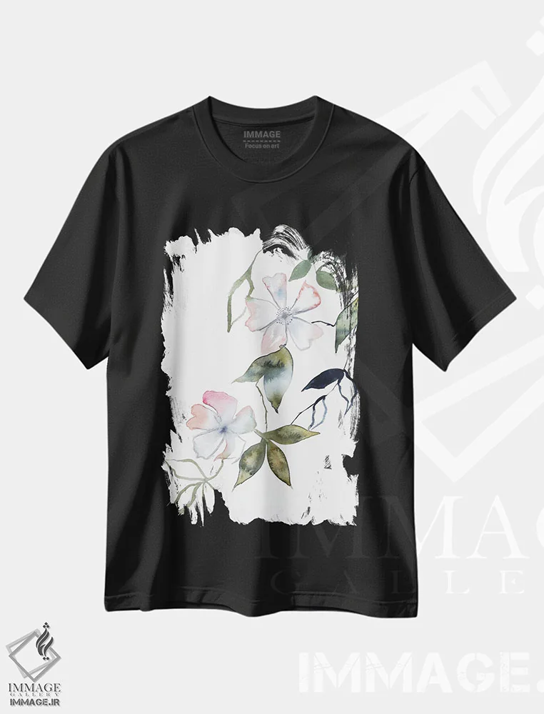 تیشرت مشکی طرح دار شکوفهٔ گیلاس شمارهٔ ۱۴، هنر فاخر معاصر اثر الیزابت بکر | فروشگاه ایماژ