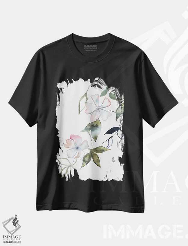 تیشرت مشکی طرح دار شکوفهٔ گیلاس شمارهٔ ۱۴، هنر فاخر معاصر اثر الیزابت بکر | فروشگاه ایماژ