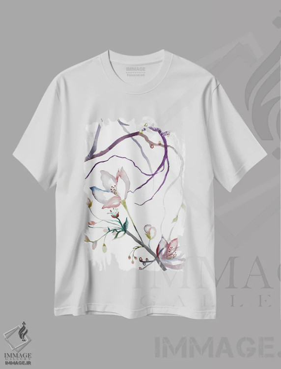 تیشرت سفید طرح دار شکوفهٔ گیلاس شمارهٔ ۳۱، هنر فاخر معاصر اثر الیزابت بکر | فروشگاه ایماژ