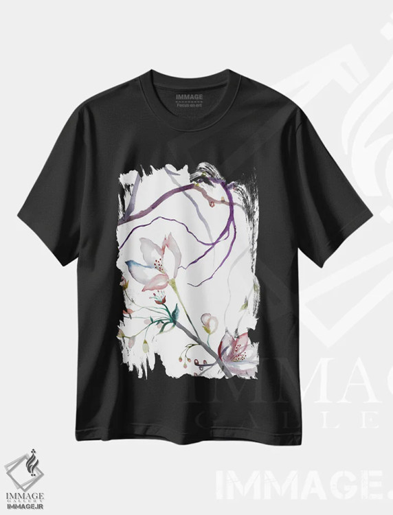 تیشرت مشکی طرح دار شکوفهٔ گیلاس شمارهٔ ۳۱، هنر فاخر معاصر اثر الیزابت بکر | immage.ir