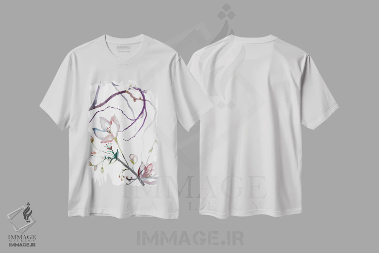 تیشرت سفید طرح دار شکوفهٔ گیلاس شمارهٔ ۳۱، هنر فاخر معاصر اثر الیزابت بکر | فروشگاه ایماژ