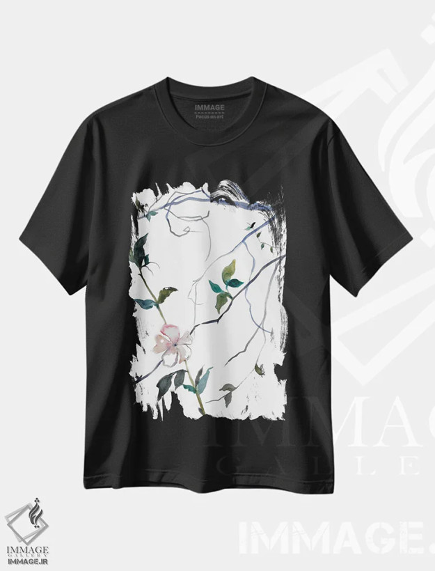 تیشرت مشکی طرح دار شکوفهٔ گیلاس شمارهٔ ۳۲، هنر فاخر معاصر اثر الیزابت بکر | فروشگاه ایماژ