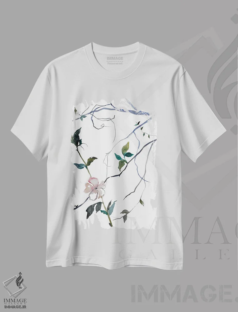 تیشرت سفید طرح دار شکوفهٔ گیلاس شمارهٔ ۳۲، هنر فاخر معاصر اثر الیزابت بکر | immage.ir