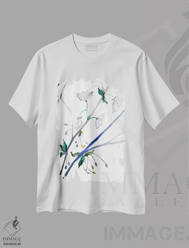 تیشرت سفید طرح دار شکوفهٔ گیلاس شمارهٔ ۳۴، هنر فاخر معاصر اثر الیزابت بکر | فروشگاه ایماژ
