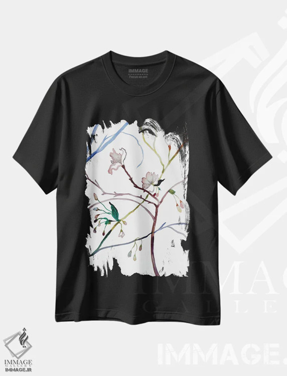 تیشرت مشکی طرح دار شکوفهٔ گیلاس شمارهٔ ۳۵، هنر فاخر معاصر اثر الیزابت بکر | فروشگاه ایماژ