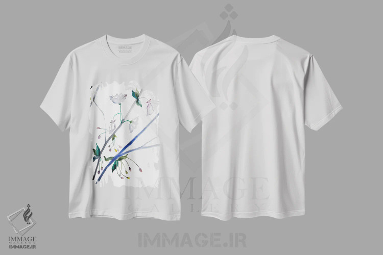 تیشرت سفید طرح دار شکوفهٔ گیلاس شمارهٔ ۳۴، هنر فاخر معاصر اثر الیزابت بکر | فروشگاه ایماژ