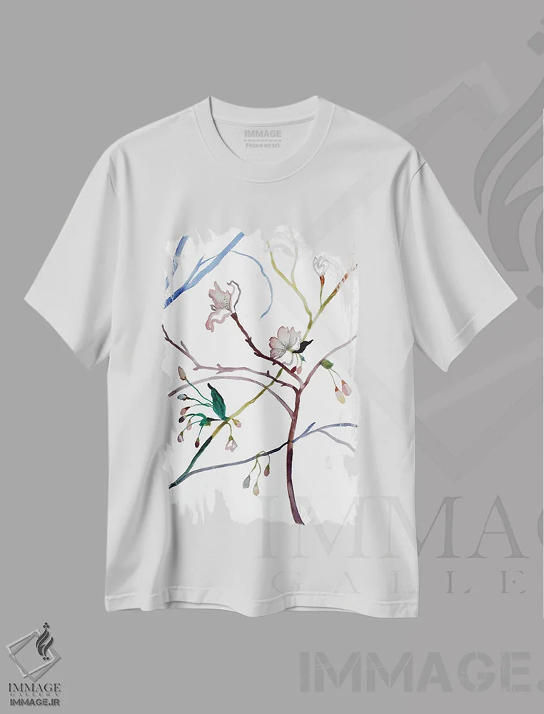 تیشرت سفید طرح دار شکوفهٔ گیلاس شمارهٔ ۳۵، هنر فاخر معاصر اثر الیزابت بکر | immage.ir