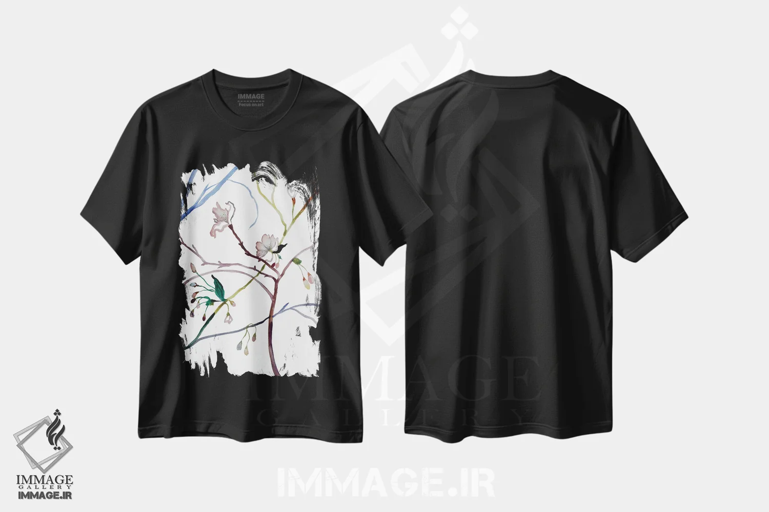 تیشرت مشکی طرح دار شکوفهٔ گیلاس شمارهٔ ۳۵، هنر فاخر معاصر اثر الیزابت بکر | فروشگاه ایماژ