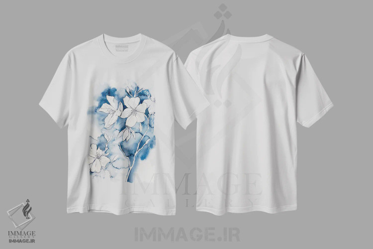 تیشرت سفید طرح دار شکوفهٔ گیلاس شمارهٔ ۳۶، هنر فاخر معاصر اثر الیزابت بکر | فروشگاه ایماژ