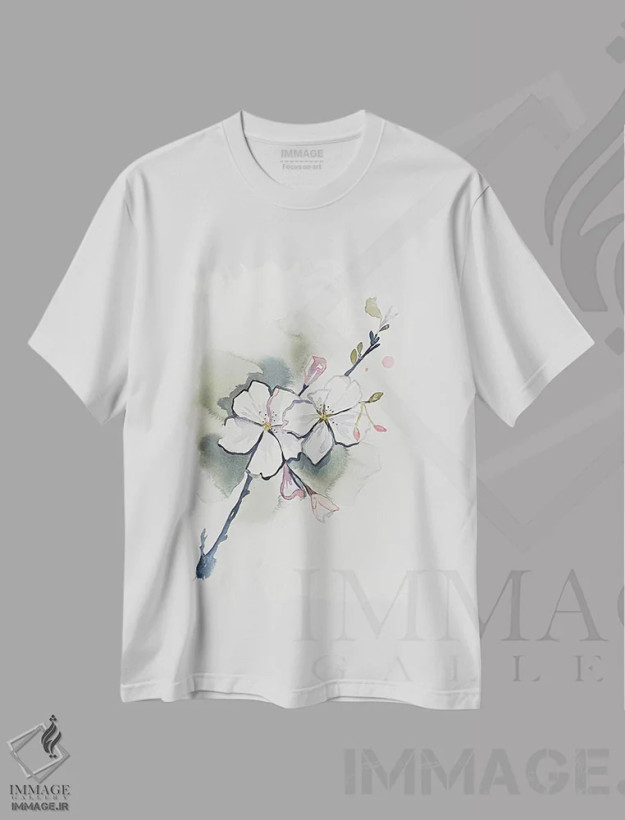 تیشرت سفید طرح دار شکوفهٔ گیلاس شمارهٔ ۳۷، هنر فاخر معاصر اثر الیزابت بکر | فروشگاه ایماژ