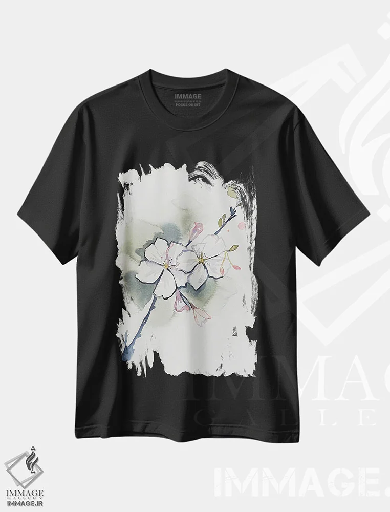 تیشرت مشکی طرح دار شکوفهٔ گیلاس شمارهٔ ۳۷، هنر فاخر معاصر اثر الیزابت بکر | immage.ir