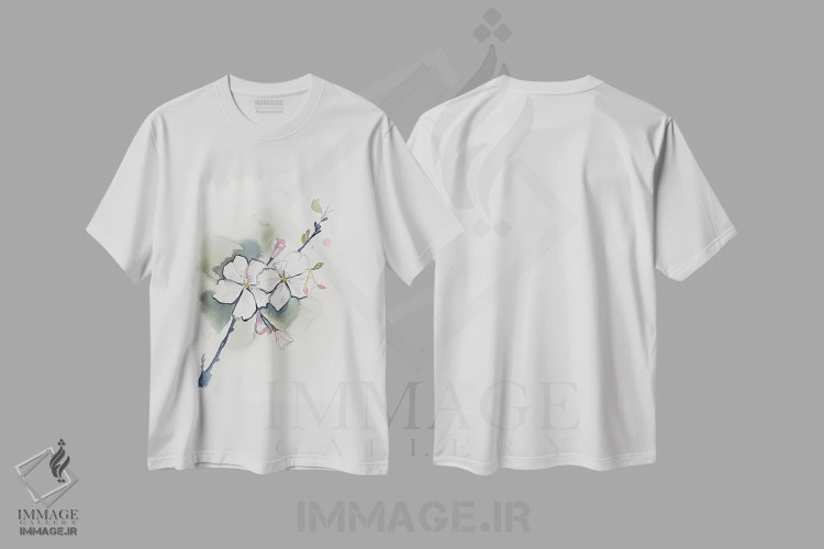تیشرت سفید طرح دار شکوفهٔ گیلاس شمارهٔ ۳۷، هنر فاخر معاصر اثر الیزابت بکر | فروشگاه ایماژ