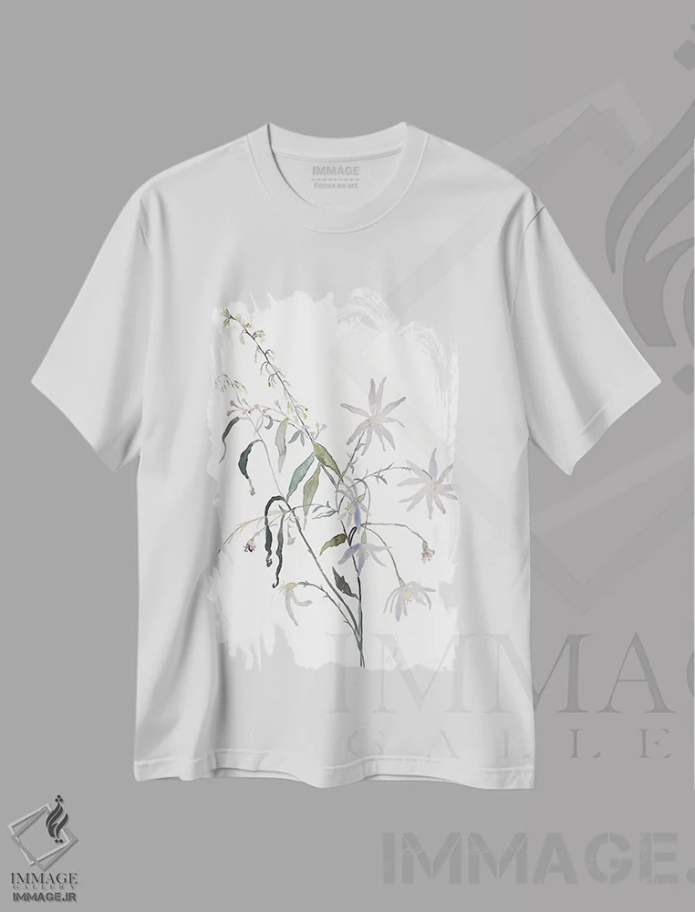 تیشرت سفید طرح دار مطالعهٔ چمنزار شمارهٔ ۵، هنر فاخر معاصر اثر الیزابت بکر | فروشگاه ایماژ