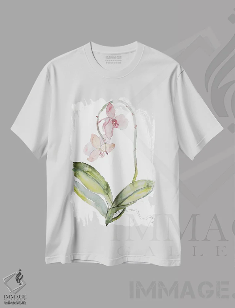 تیشرت سفید طرح دار ارکیده شمارهٔ ۹، هنر فاخر معاصر اثر الیزابت بکر | فروشگاه ایماژ