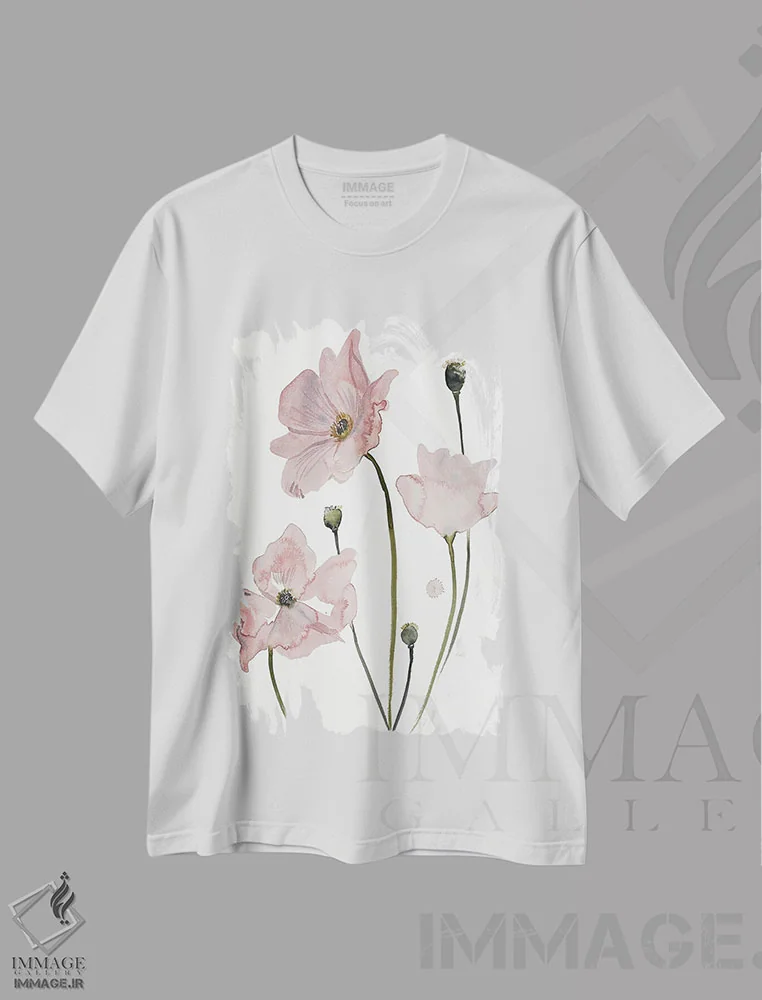 تیشرت سفید طرح دار شقایق شمارهٔ ۴، هنر فاخر معاصر اثر الیزابت بکر | فروشگاه ایماژ