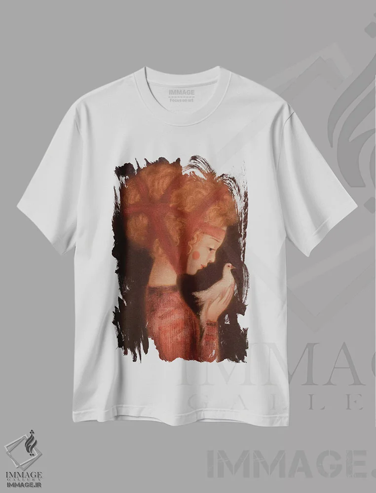 تیشرت سفید طرح دار دختر و یک کبوتر، هنر فاخر معاصر اثر ادوارد زنتسیک | immage.ir