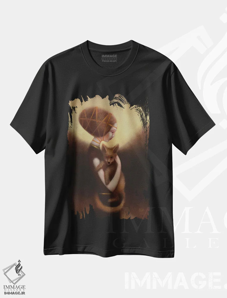 تیشرت مشکی طرح دار دختر و روباه، هنر فاخر معاصر اثر ادوارد زنتسیک | فروشگاه ایماژ