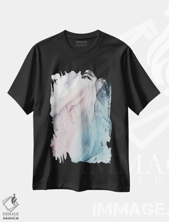 تیشرت مشکی طرح دار نقاشی آبسترهٔ جریان ملایم پاستلی اثر الیزابت کارلسن | immage.ir