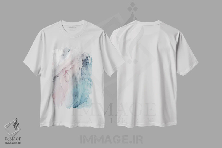 تیشرت سفید طرح دار نقاشی آبسترهٔ جریان ملایم پاستلی اثر الیزابت کارلسن | فروشگاه ایماژ