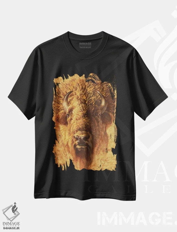 تیشرت مشکی طرح دار پرتره گاومیش آمریکایی، دکور کلبه و لژ اثر ازرا تاکر | immage.ir
