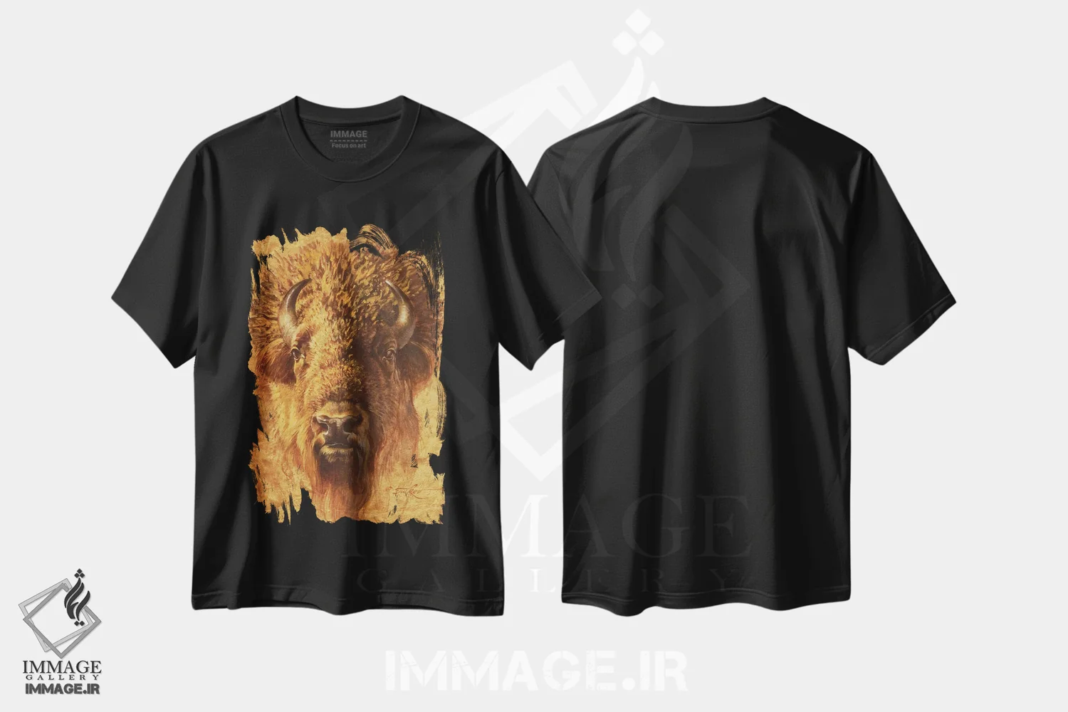 تیشرت مشکی طرح دار پرتره گاومیش آمریکایی، دکور کلبه و لژ اثر ازرا تاکر | immage.ir