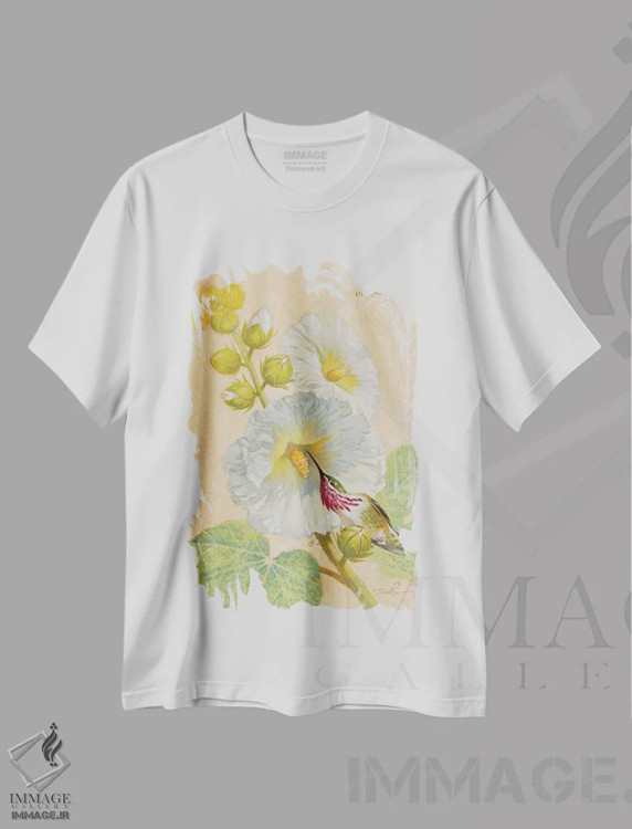تیشرت سفید طرح دار مرغ مگس خوار کالیوپه نر، دکور بوهمی اثر ازرا تاکر | immage.ir