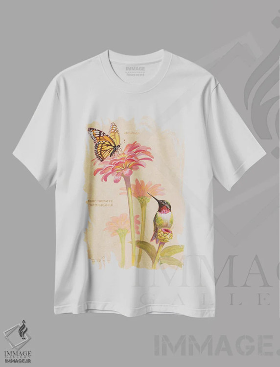 تیشرت سفید طرح دار مرغ مگس خوار گلوی یاقوتی و ملکه پروانه ها، تزئینی اثر ازرا تاکر | فروشگاه ایماژ