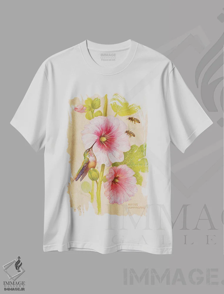 تیشرت سفید طرح دار مرغ مگس خوار سرخ رنگ ماده و زنبورهای عسل، تزئینی اثر ازرا تاکر | immage.ir