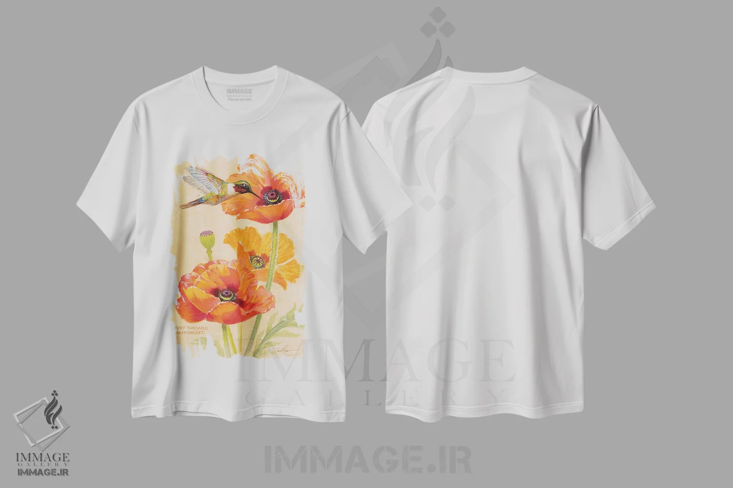 تیشرت سفید طرح دار مرغ مگس خوار گلوی یاقوتی و شقایق ها، تزئینی اثر ازرا تاکر | immage.ir