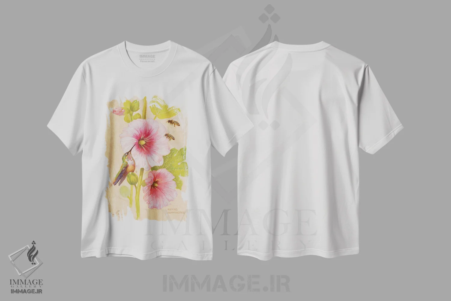تیشرت سفید طرح دار مرغ مگس خوار سرخ رنگ ماده و زنبورهای عسل، تزئینی اثر ازرا تاکر | immage.ir