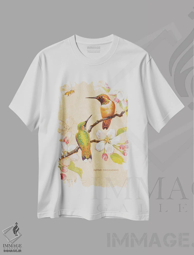تیشرت سفید طرح دار مرغ های مگس خوار سرخ رنگ ۳، تزئینی اثر ازرا تاکر | immage.ir