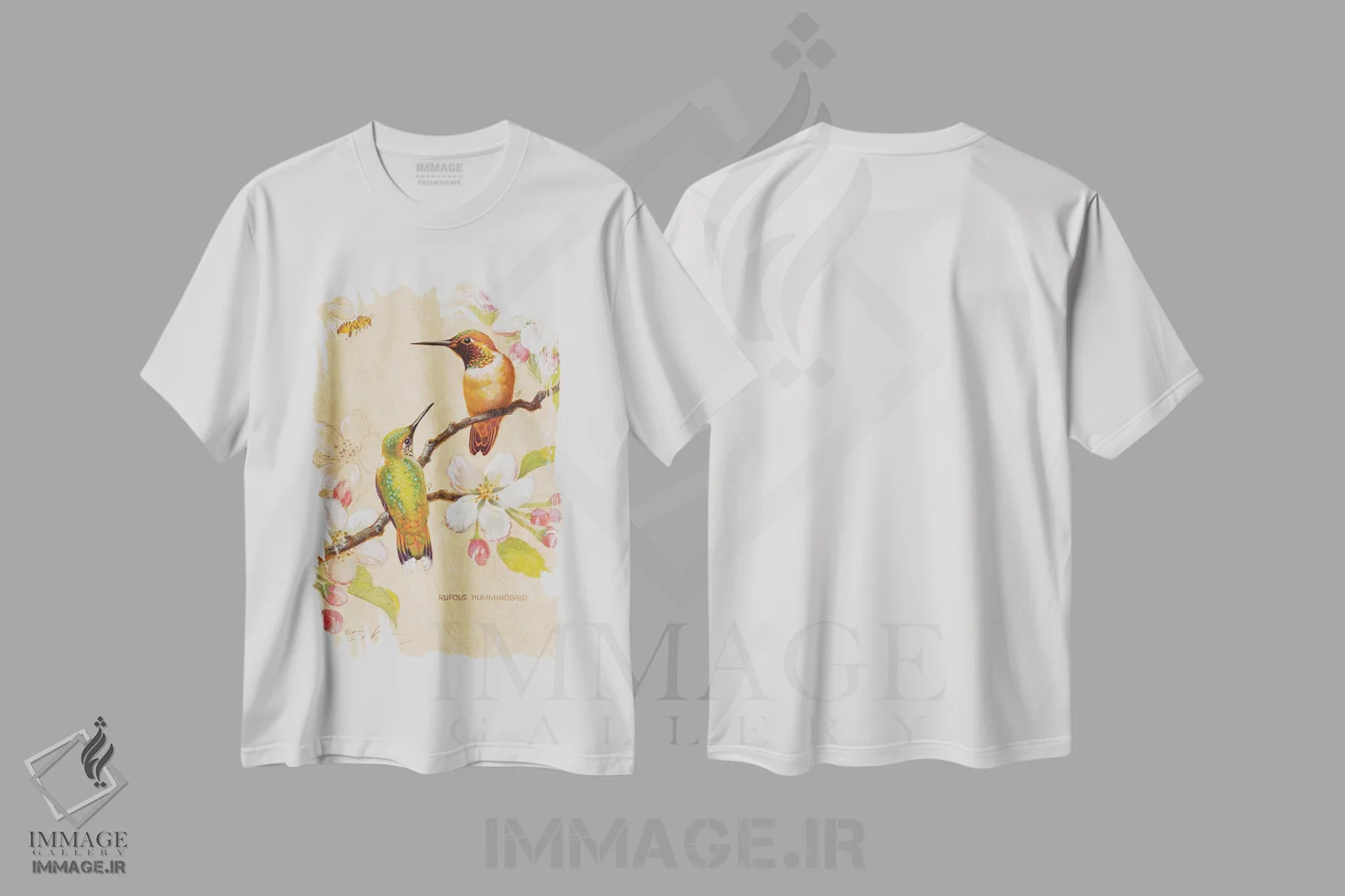 تیشرت سفید طرح دار مرغ های مگس خوار سرخ رنگ ۳، تزئینی اثر ازرا تاکر | immage.ir