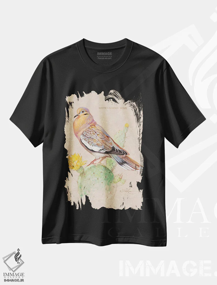 تیشرت مشکی طرح دار قمری سفیدبال روی کاکتوس، تزئینی اثر ازرا تاکر | فروشگاه ایماژ