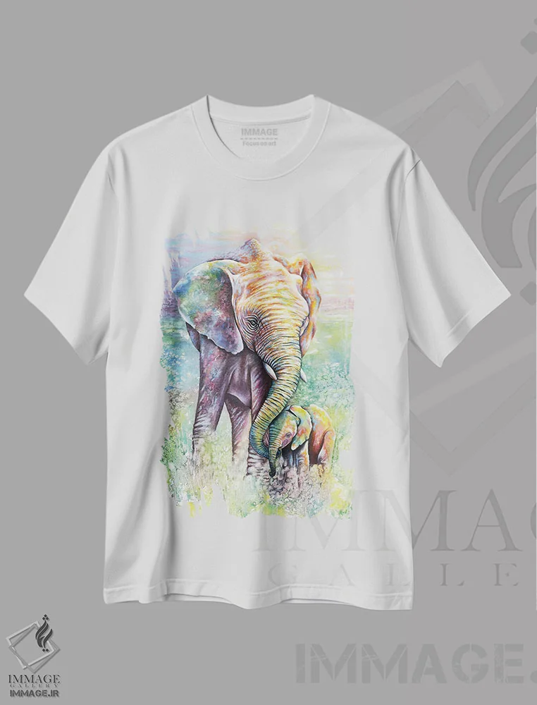 تیشرت سفید طرح دار مادر و بچه فیل به رنگین کمان، هنر فاخر معاصر اثر میشل فابر | فروشگاه ایماژ