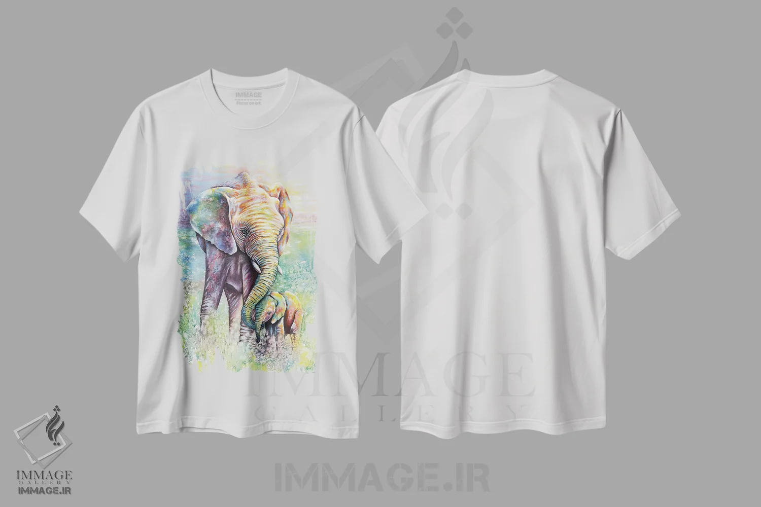 تیشرت سفید طرح دار مادر و بچه فیل به رنگین کمان، هنر فاخر معاصر اثر میشل فابر | فروشگاه ایماژ