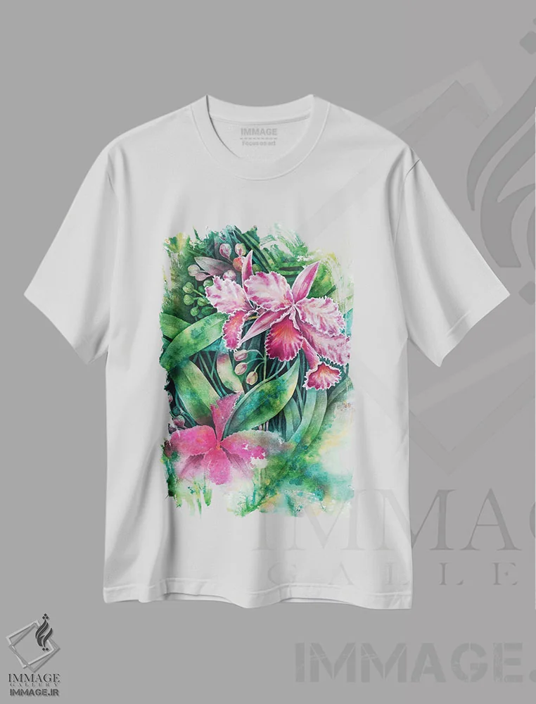 تیشرت سفید طرح دار ارکیده صورتی، دکور معاصر اثر میشل فابر | فروشگاه ایماژ