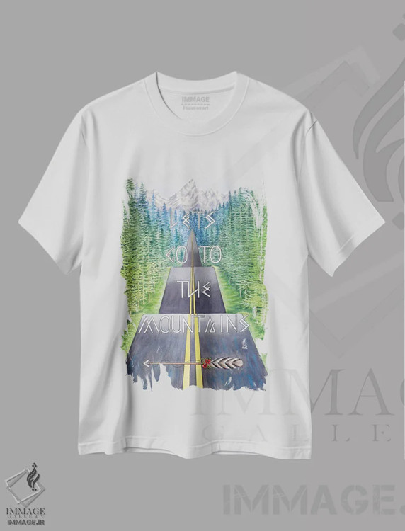 تیشرت سفید طرح دار نقل قول سفر به کوهستان، هنر فاخر معاصر اثر میشل فابر | immage.ir