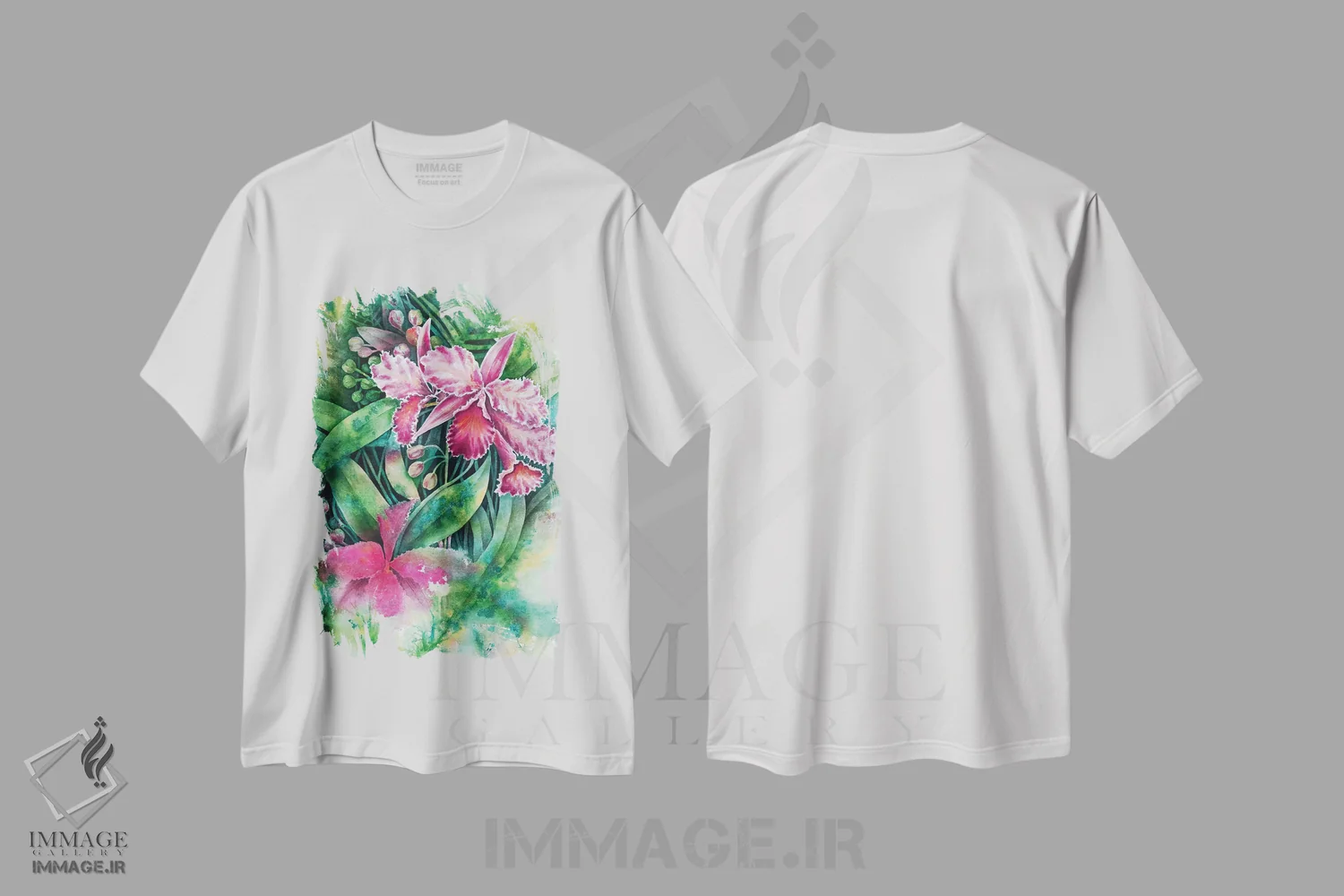 تیشرت سفید طرح دار ارکیده صورتی، دکور معاصر اثر میشل فابر | فروشگاه ایماژ