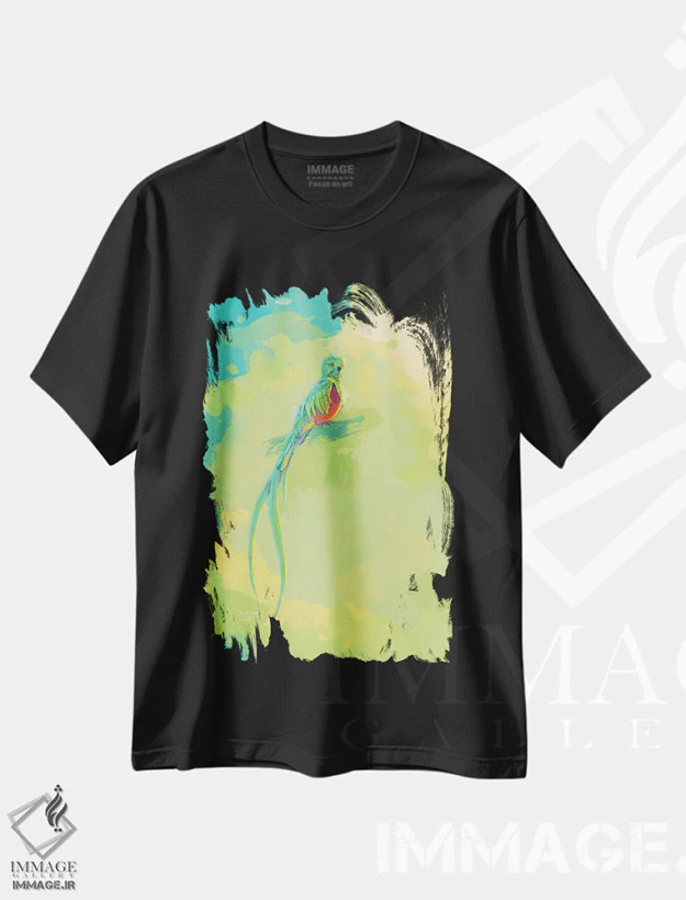 تیشرت مشکی طرح دار کتزال باشکوه، تزئینی اثر فلو آرت استودیو | فروشگاه ایماژ