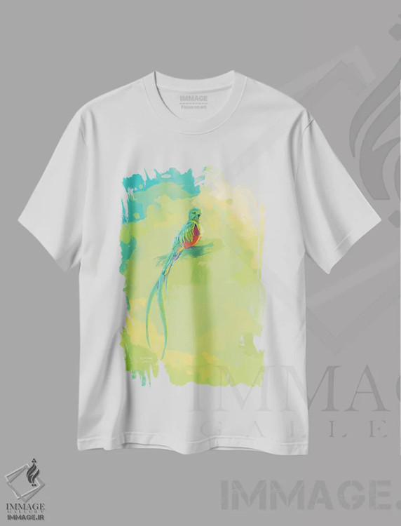 تیشرت سفید طرح دار کتزال باشکوه، تزئینی اثر فلو آرت استودیو | immage.ir