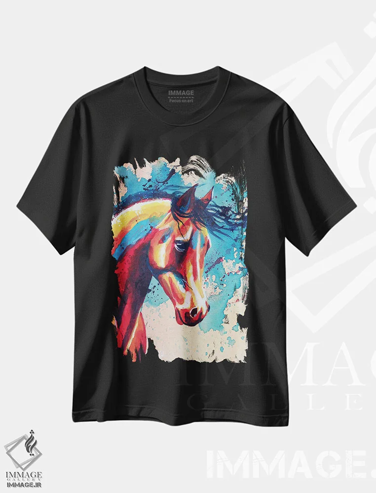 تیشرت مشکی طرح دار پرتره اسب اثر فلو آرت استودیو | immage.ir