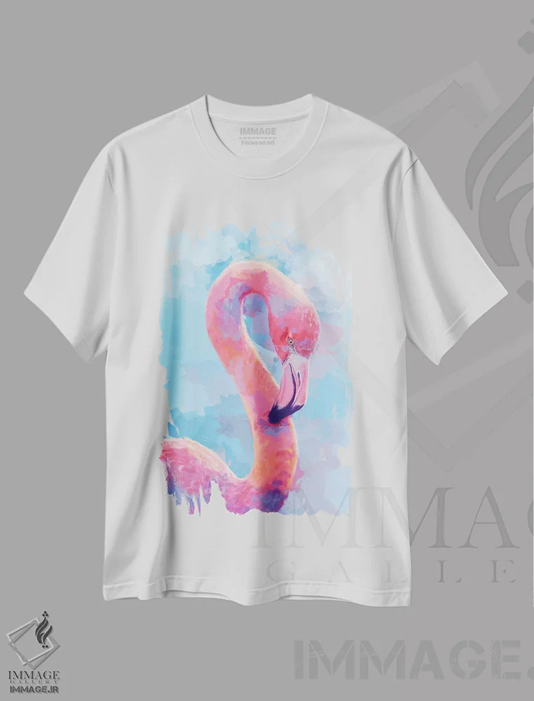 تیشرت سفید طرح دار رویای فلامینگو، تزئینی اثر فلو آرت استودیو | immage.ir