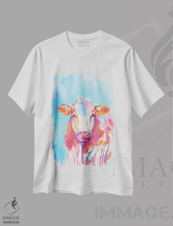تیشرت سفید طرح دار گاو خیال پرداز، تزئینی اثر فلو آرت استودیو | immage.ir