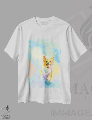 تیشرت سفید طرح دار کورگی خوشحال، هنر دیجیتال اثر فلو آرت استودیو | فروشگاه ایماژ