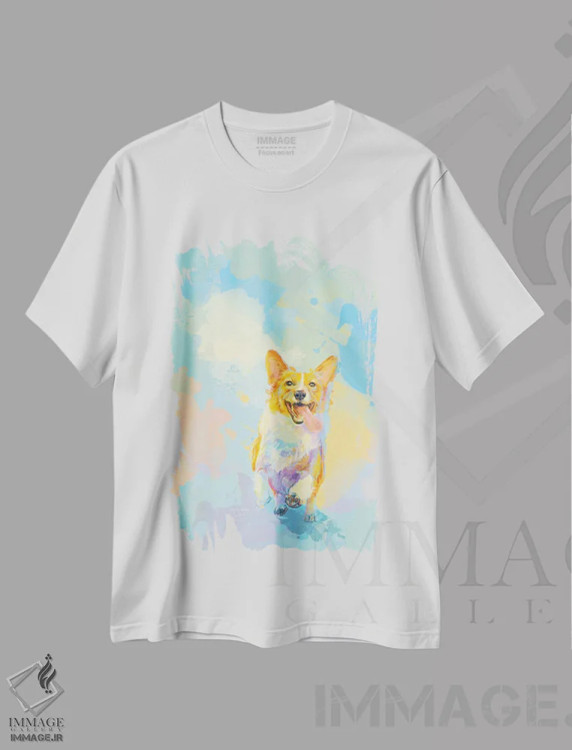 تیشرت سفید طرح دار کورگی خوشحال، هنر دیجیتال اثر فلو آرت استودیو | فروشگاه ایماژ