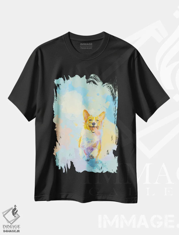 تیشرت مشکی طرح دار کورگی خوشحال، هنر دیجیتال اثر فلو آرت استودیو | immage.ir